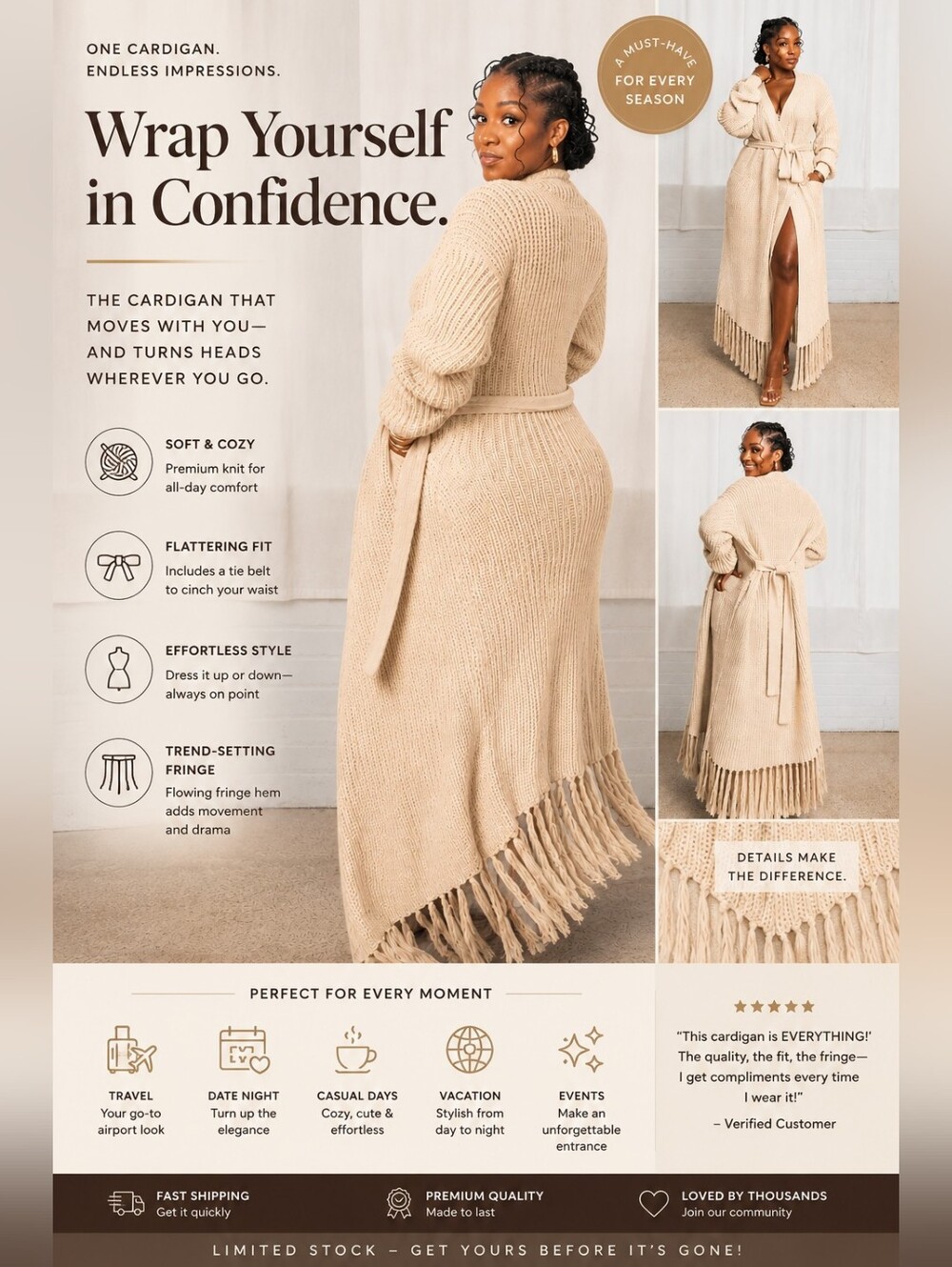 Womens Cardigan Cream Floor Length Tall Girl Friendly